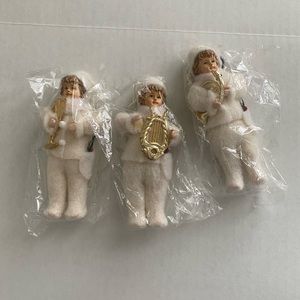 Vintage (3) Cotton Spun Christmas Ornaments . Girls playing instruments